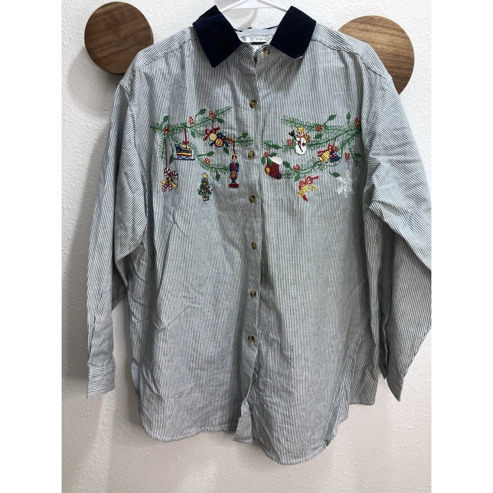 VTG Studio Collection Womens 18W Christmas Button Up Embroidered Holiday Grandma